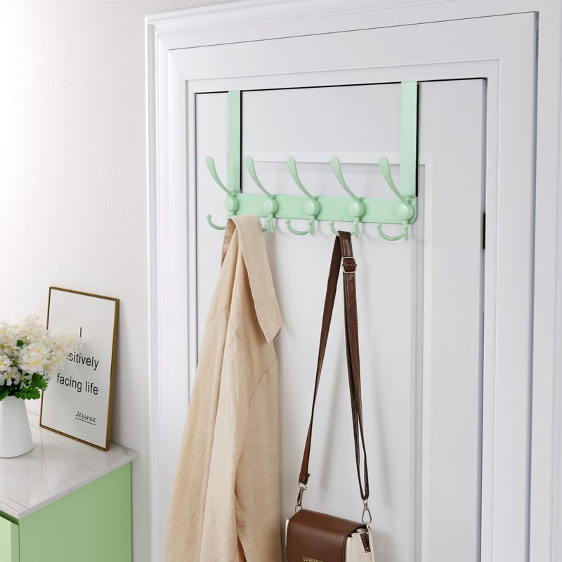 Dseap Over The Door Hook Hanger - Fits 1 3/8" to 1 3/4" Standard Doors | 5 Tri Hooks Heavy Duty Towel/Coat Rack | Door Organizer for Clothes, Jackets, Hats, Towels, Green - Image 3