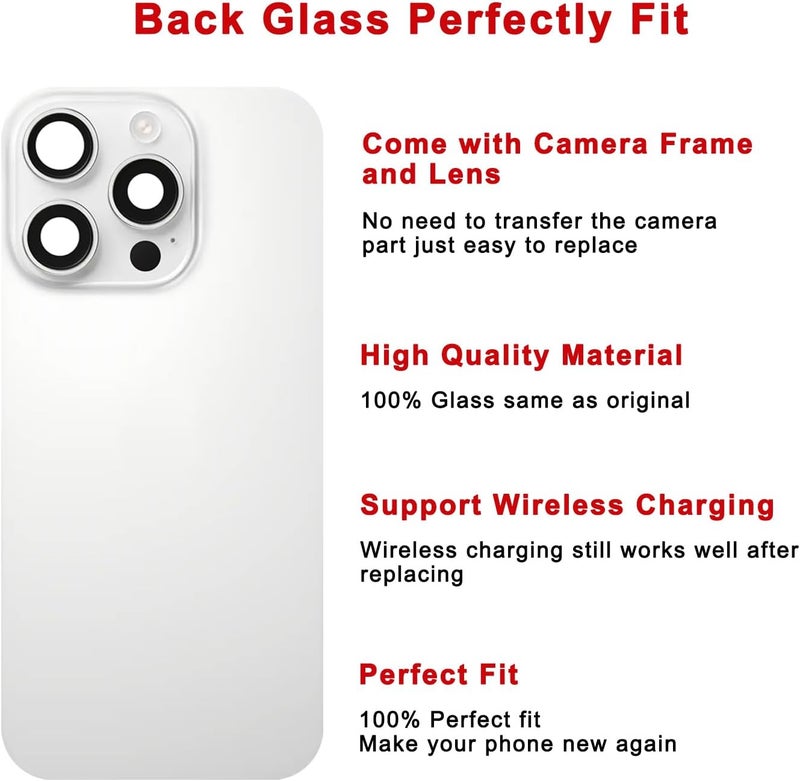 Perzework Rear Back Glass Replacement for iPhone 16 Pro Max 6.9-inches with Reparing Tool Kit and All Necessary Parts (White Titanium) - Image 3