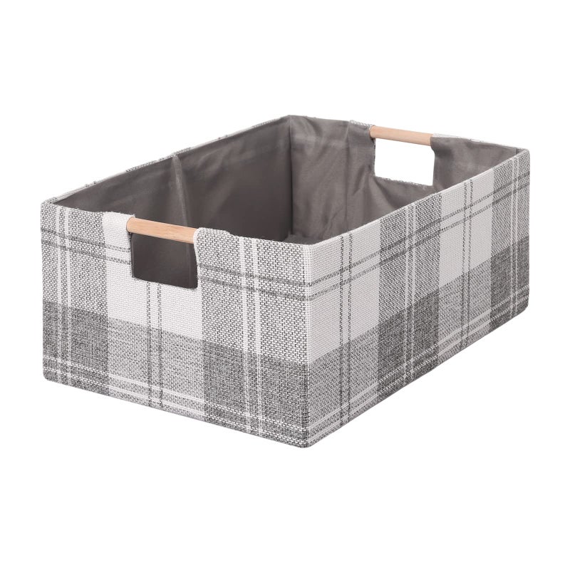 LaMorÃ©e LaMore Fabric Storage Bin Box Collapsible Cotton Linen Storage Cube with Wooden Handles Rectangular Decorative Home Organizer Clothes Blanket Basket Light Gray Plaid Small - Image 2