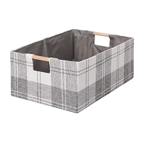 LaMorÃ©e LaMore Fabric Storage Bin Box Collapsible Cotton Linen Storage Cube with Wooden Handles Rectangular Decorative Home Organizer Clothes Blanket Basket Light Gray Plaid Small - Image 1
