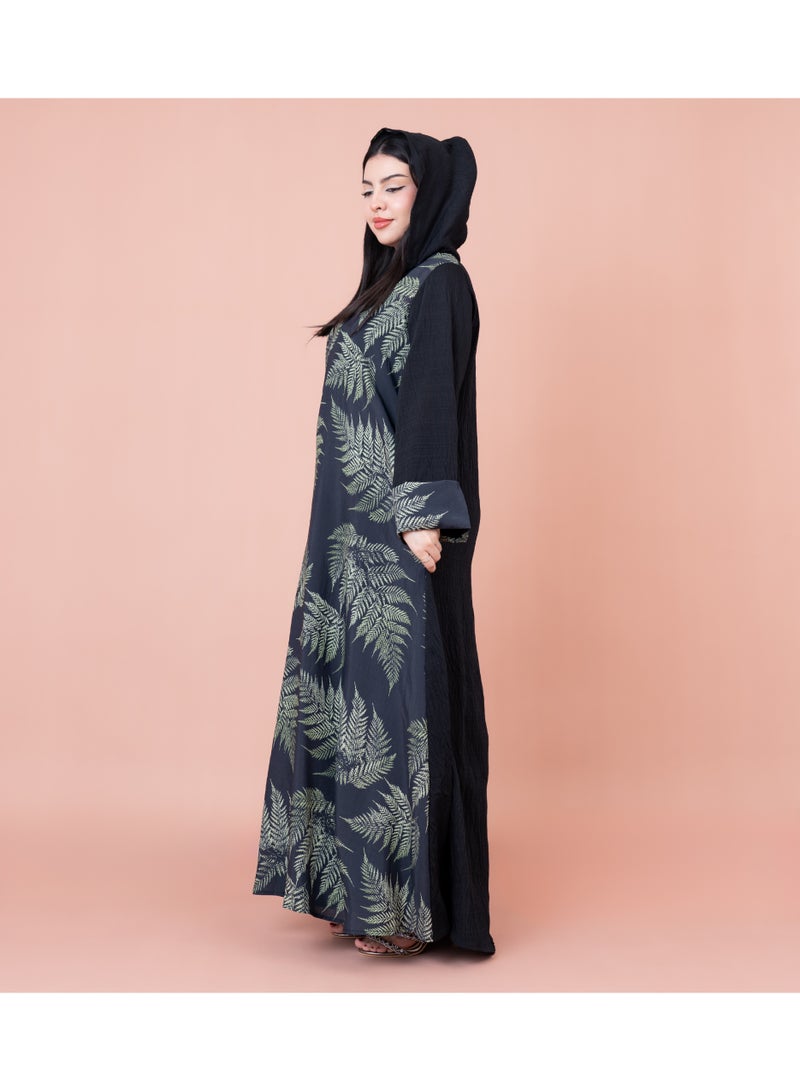 IKKXA Hooded Leaf Print Jalabiya IK1033 Black - Image 3
