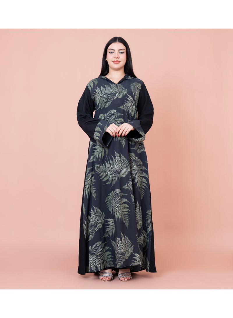 IKKXA Hooded Leaf Print Jalabiya IK1033 Black - Image 5