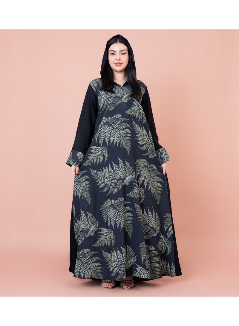 IKKXA Hooded Leaf Print Jalabiya IK1033 Black - Image 1