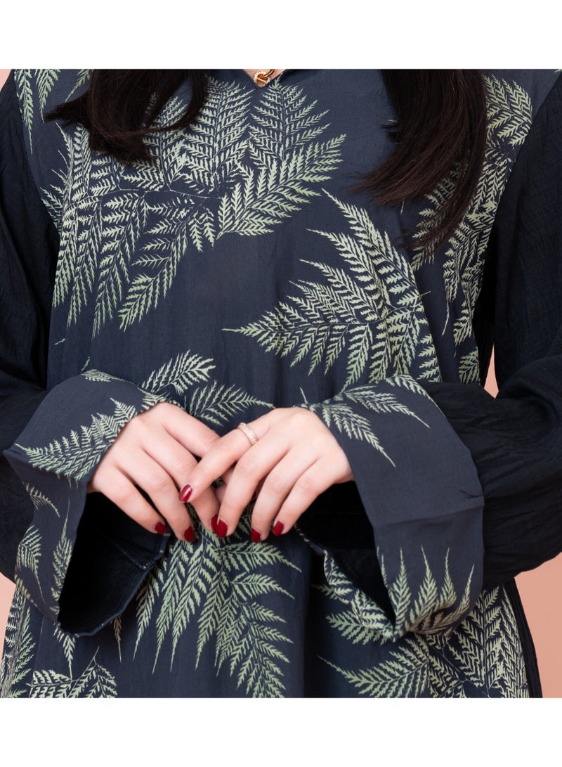 IKKXA Hooded Leaf Print Jalabiya IK1033 Black - Image 2