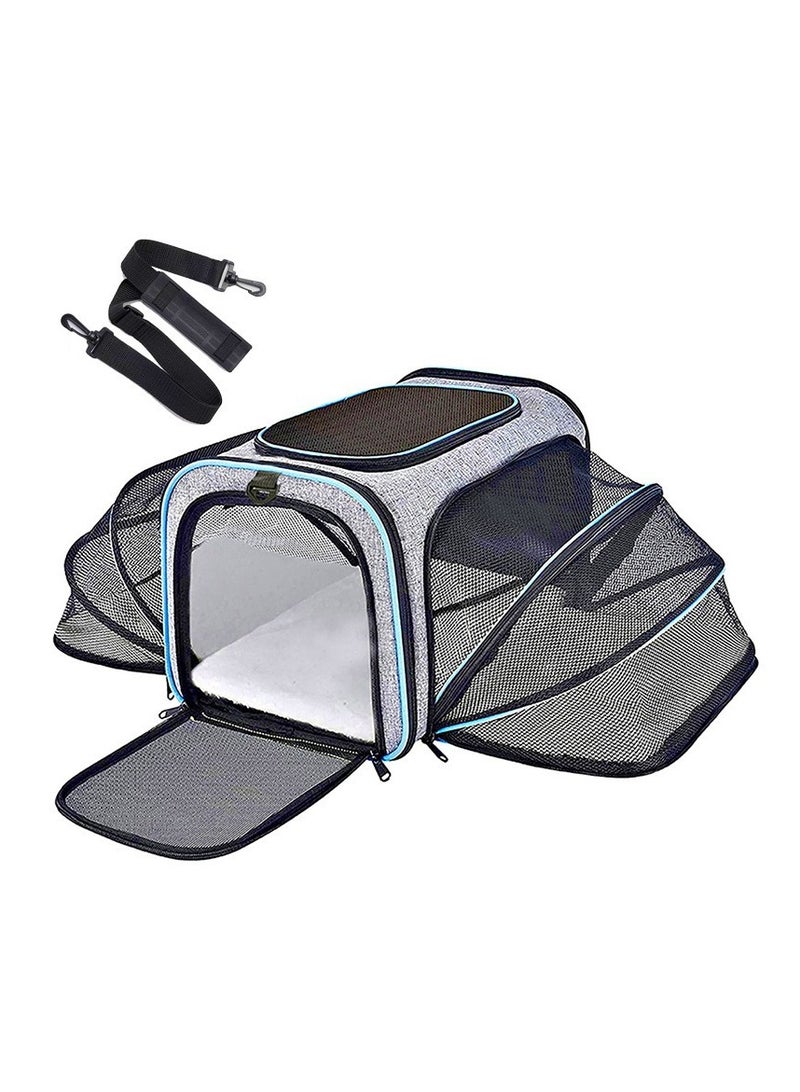 عام الحيوانات الأليفة توسيع مزدوج المحمولة المحمولة حقيبة القط الحيوانات الأليفة حقيبة الكلب القط قدرة كبيرة أفخم وسادة حقيبة القط (الرمادي مع هدب الأزرق) - Image 1