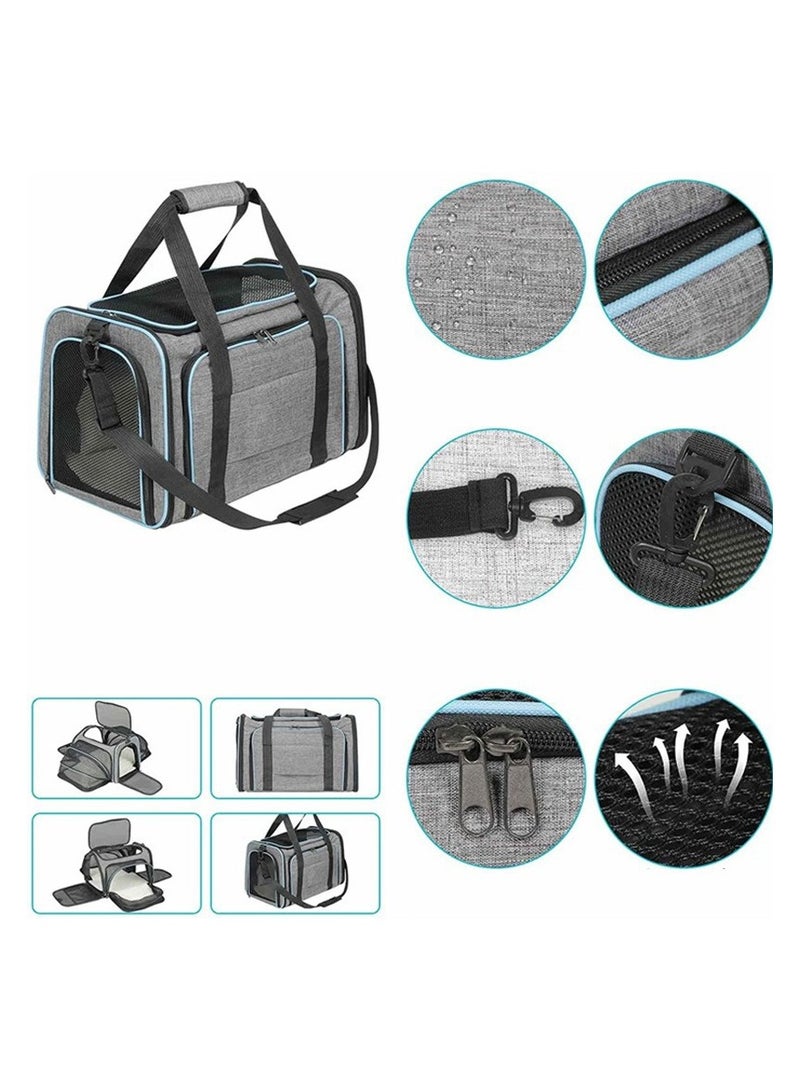 عام الحيوانات الأليفة توسيع مزدوج المحمولة المحمولة حقيبة القط الحيوانات الأليفة حقيبة الكلب القط قدرة كبيرة أفخم وسادة حقيبة القط (الرمادي مع هدب الأزرق) - Image 3