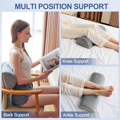 CUSHIO Semi Roll Bolster Pillow | Memory Foam Half Moon Bolster Support Cushion for Neck, Back, Knees & Legs | Ergonomic Orthopedic Pillow with Soft Velvet Cover (Light Grey) - Image 5