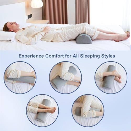 CUSHIO Semi Roll Bolster Pillow | Memory Foam Half Moon Bolster Support Cushion for Neck, Back, Knees & Legs | Ergonomic Orthopedic Pillow with Soft Velvet Cover (Light Grey) - Image 4