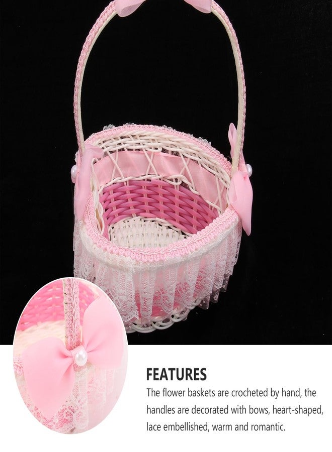 أونومور سلة زهور وردية اللون من Unomor، سلة زهور زفاف على شكل قلب مع فيونكة من الدانتيل وحامل بتلات منسوجة يدويًا لتزيين حفل الزفاف - Image 4