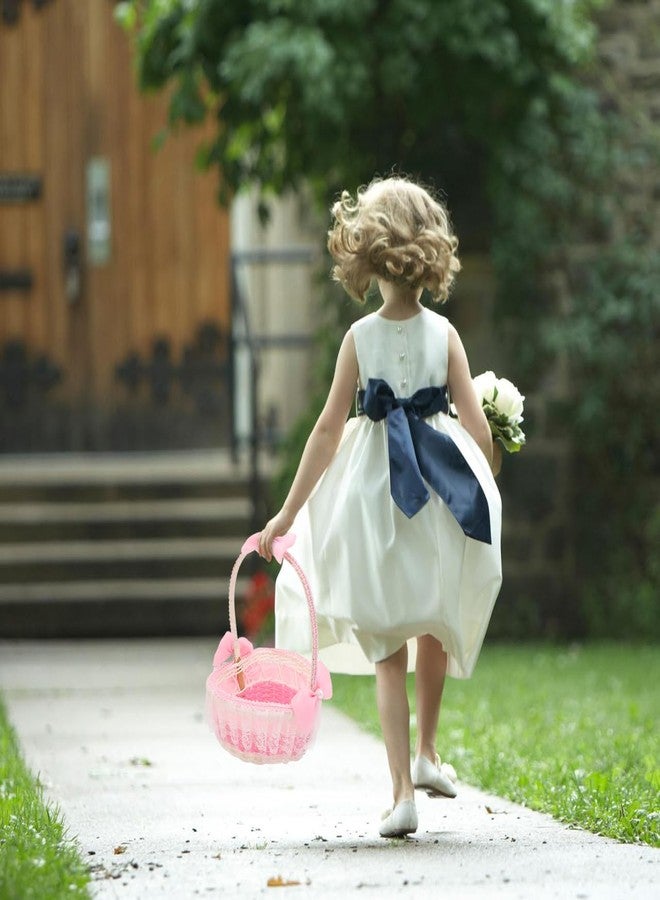 أونومور سلة زهور وردية اللون من Unomor، سلة زهور زفاف على شكل قلب مع فيونكة من الدانتيل وحامل بتلات منسوجة يدويًا لتزيين حفل الزفاف - Image 2