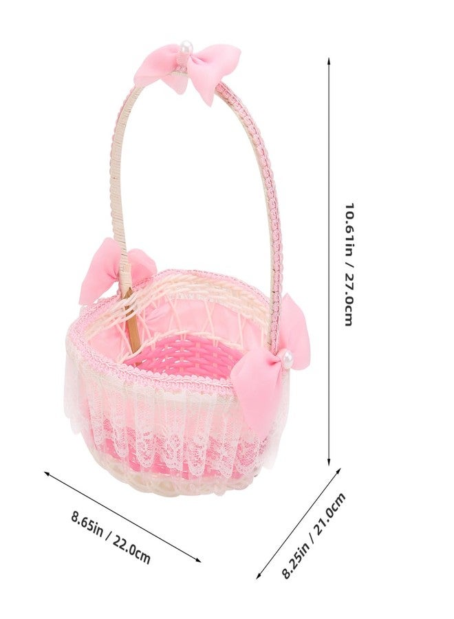 أونومور سلة زهور وردية اللون من Unomor، سلة زهور زفاف على شكل قلب مع فيونكة من الدانتيل وحامل بتلات منسوجة يدويًا لتزيين حفل الزفاف - Image 5