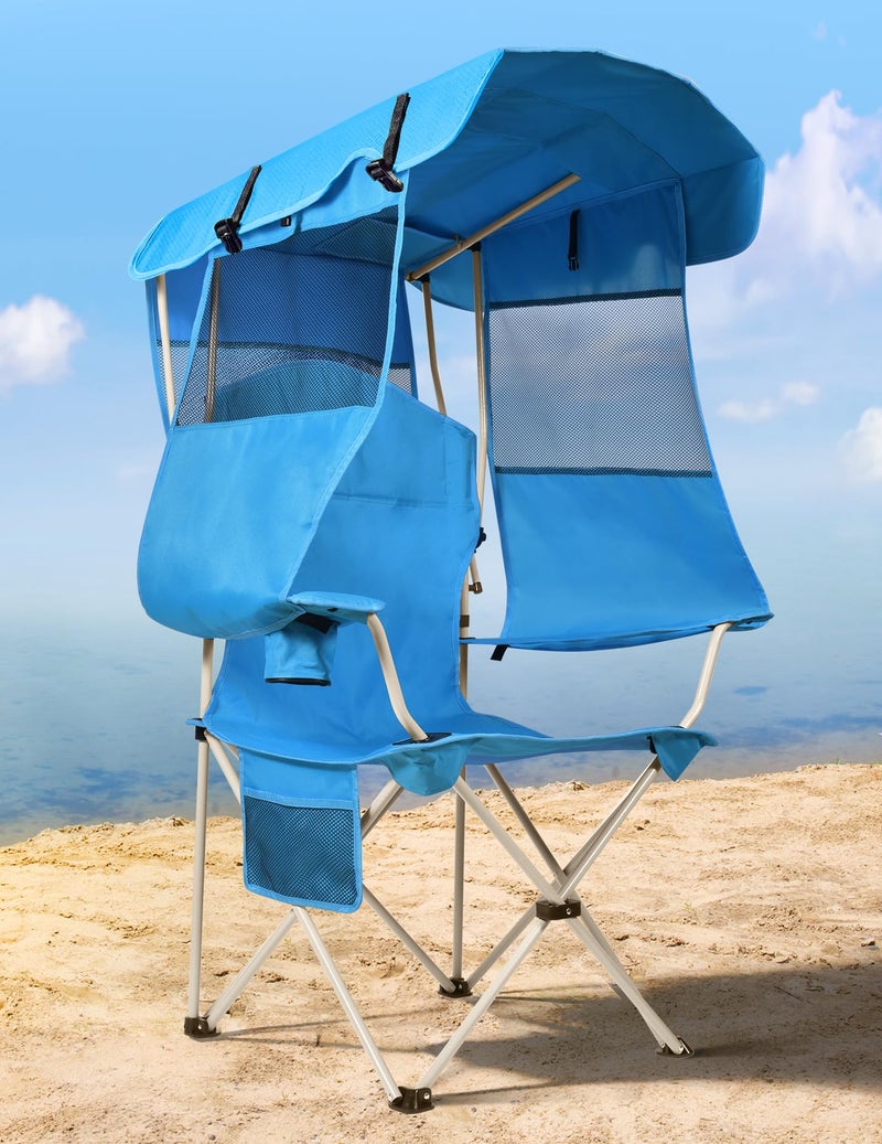 Docusvect Beach Chair with Canopy Shade, Folding Camping Chair with Canopy with Cup Holder, Side Pocket for Camp, Beach, Tailgates, Fishing - Support 330 LBS - Image 1