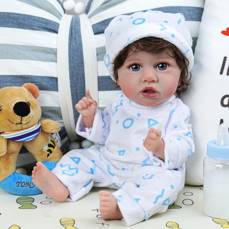 BABESIDE 8 Pcs Baby Doll Clothes Set with Bassinet for 10-12 Inch Dolls, Cute Baby Doll Clothes and Accessories Set for Realistic Babydolls Boy, Blue - Image 5