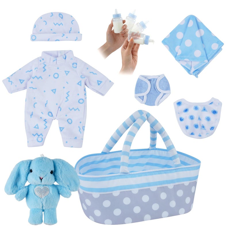 BABESIDE 8 Pcs Baby Doll Clothes Set with Bassinet for 10-12 Inch Dolls, Cute Baby Doll Clothes and Accessories Set for Realistic Babydolls Boy, Blue - Image 1