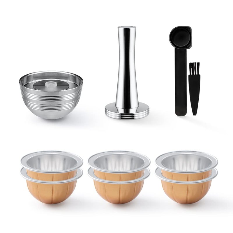 BENFUCHEN Stainless Steel Reusable Vertuo Capsule Compatible With VERTUO NEXT+EMPTY Refillable Alumium-VERTUO-Pods-80+150+230ml Each 2 Pcs +Coffee Tamper ForNespressoVertuoNext Reusable Pods - Image 1