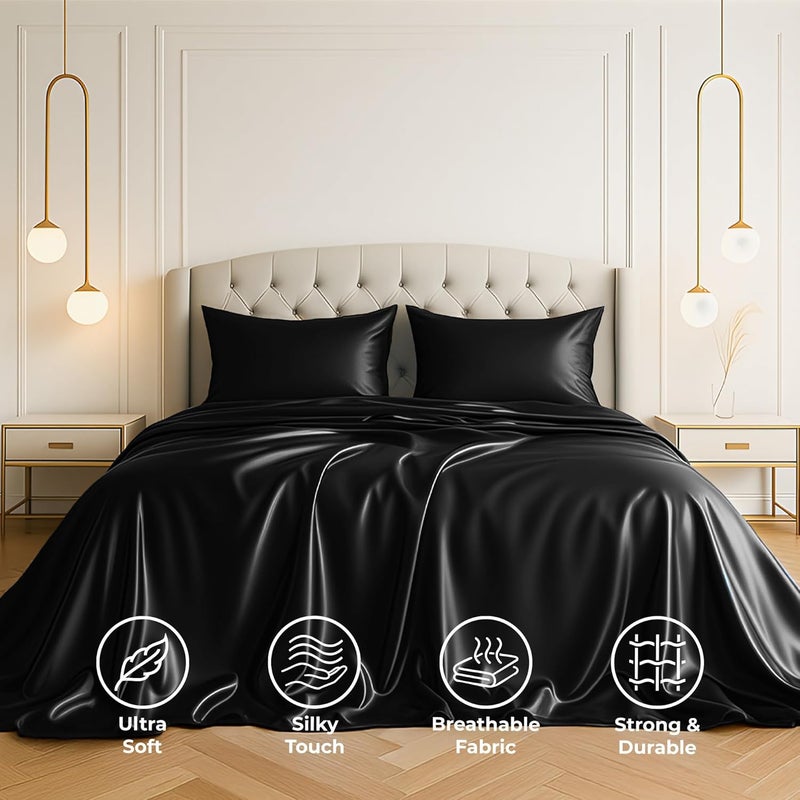 Pure Bedding Satin Sheets King [4-Piece, Black] Hotel Luxury Silky Bed Sheets - Extra Soft 1800 Microfiber Sheet Set, Wrinkle, Fade, Stain Resistant - Deep Pocket Fitted Sheet, Flat Sheet, Pillow Cases - Image 2
