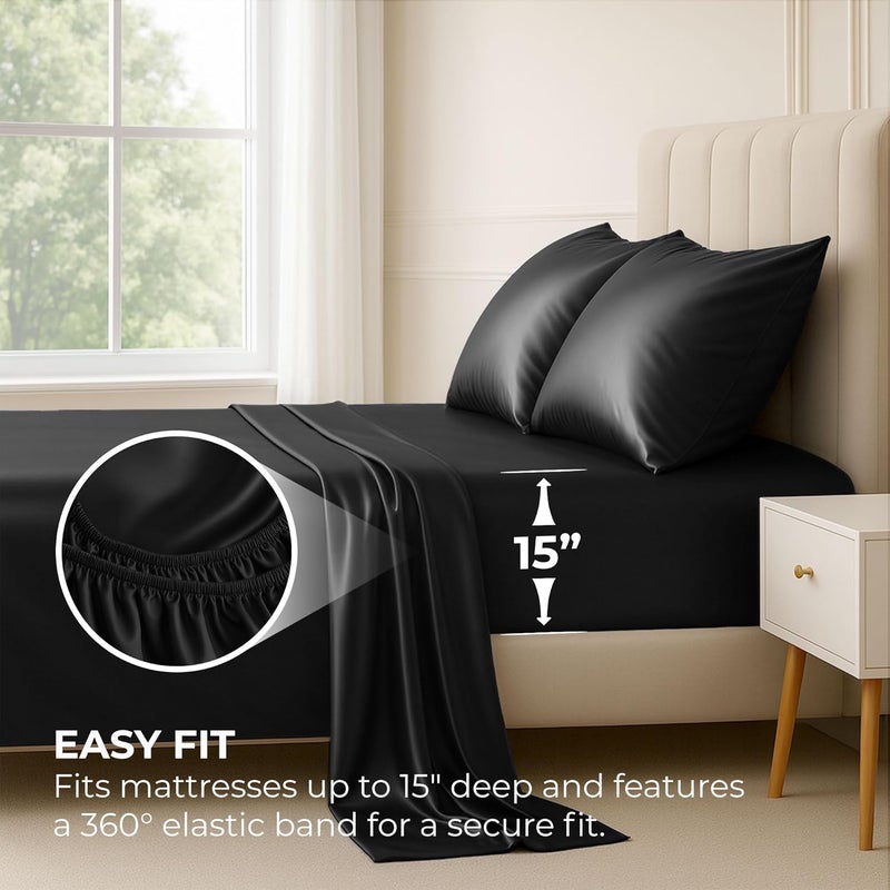 Pure Bedding Satin Sheets King [4-Piece, Black] Hotel Luxury Silky Bed Sheets - Extra Soft 1800 Microfiber Sheet Set, Wrinkle, Fade, Stain Resistant - Deep Pocket Fitted Sheet, Flat Sheet, Pillow Cases - Image 3