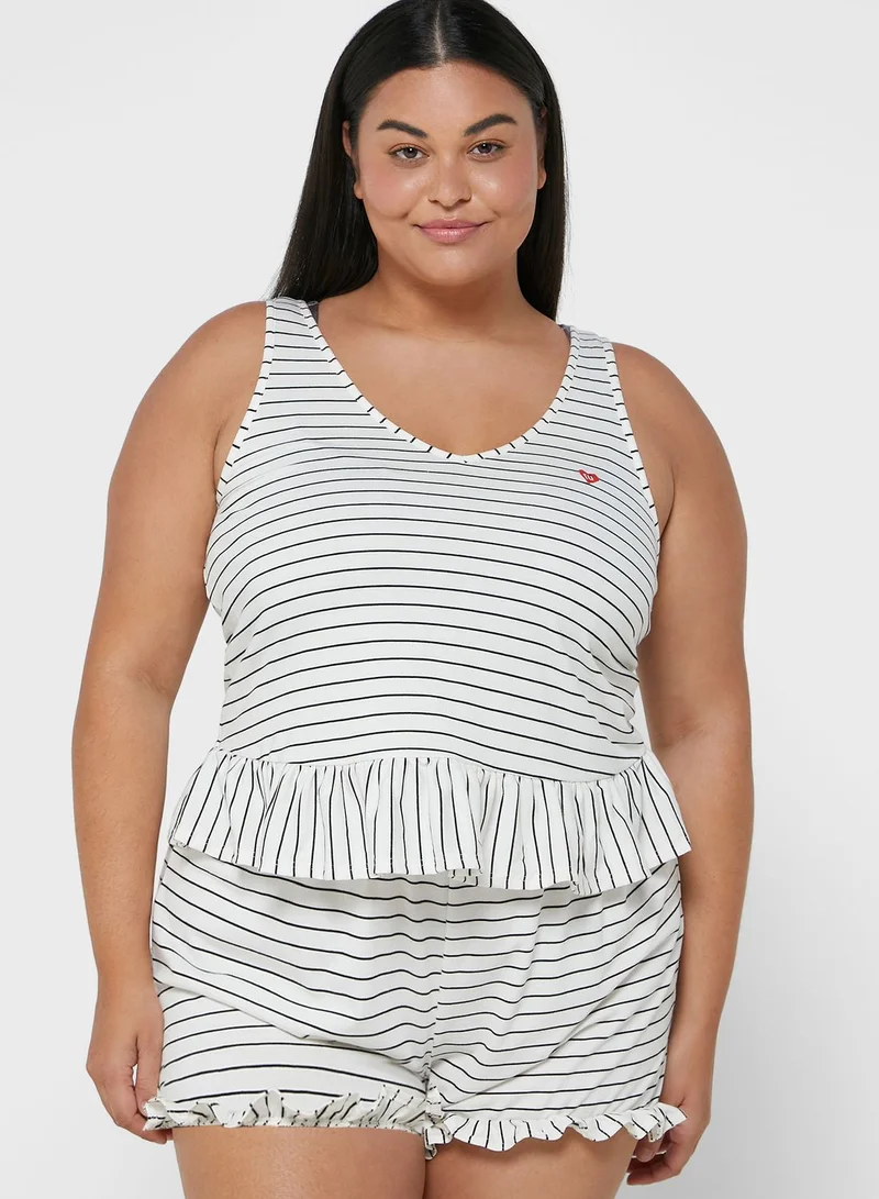 RIVER ISLAND Frill Stripe Top & Shorts Pyjama Set