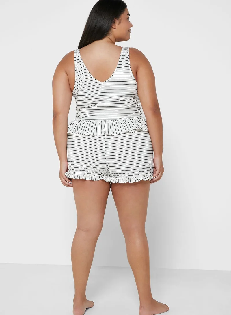 RIVER ISLAND Frill Stripe Top & Shorts Pyjama Set