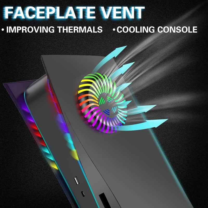 Megadream For PS5 Faceplates with Cooling Vents LED Lights, Cooling Cover Replacement Plates Shell Accessories Anti-Scratch Dustproof with RGB Lights Package for Playstation 5 Disc Edition-Black - Image 4