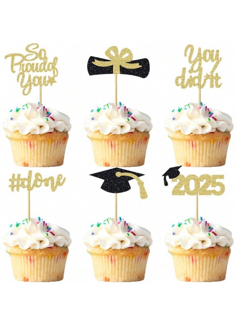 Graduation Decoration – Set of 12 Gold Cake Toppers Featuring Graduation Phrases, Year Numbers, and Graduation Cap Designs.