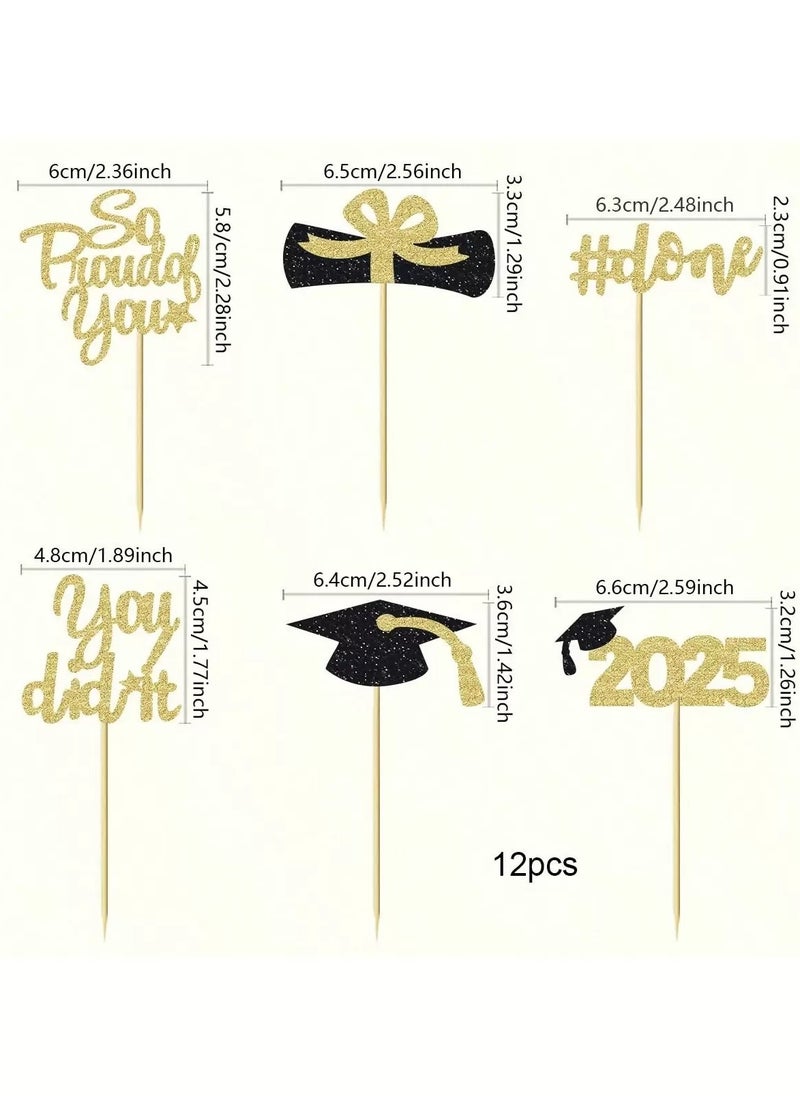 null - Graduation Decoration – Set of 12 Gold Cake Toppers Featuring Graduation Phrases, Year Numbers, and Graduation Cap Designs. - Image 1