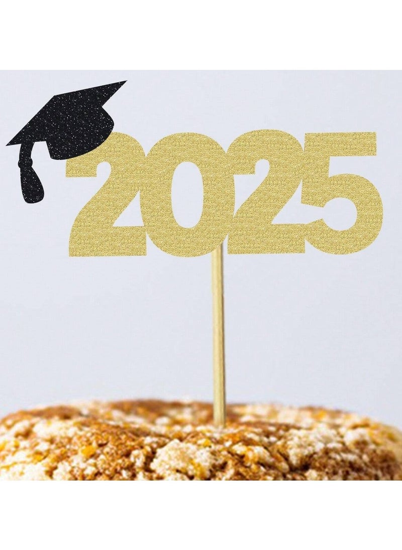 null - Graduation Decoration – Set of 12 Gold Cake Toppers Featuring Graduation Phrases, Year Numbers, and Graduation Cap Designs. - Image 1
