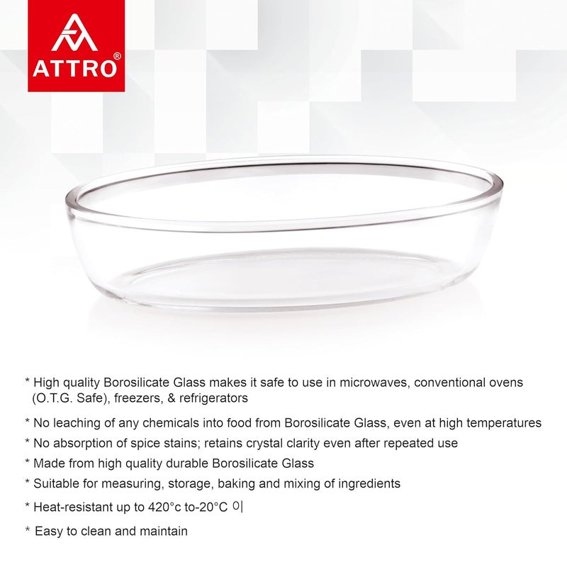 ATTRO Glassox Borosilicate Oval Glass Baking Dish Micorwave Oven Safe Freezer Safe Baking Tray Serving Dish Bakeware- 700ml, Transparent - Image 2