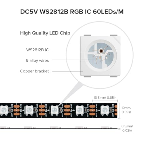 SEZO WS2812B ECO LED Strip Light 16.4FT/5M 60LEDs/m 300Pixels Individually Addressable Programmable 5050SMD Digital RGB Alloy Wires Flexible Dream Color IP30 Non-Waterproof PCB Black DC5V - Image 3
