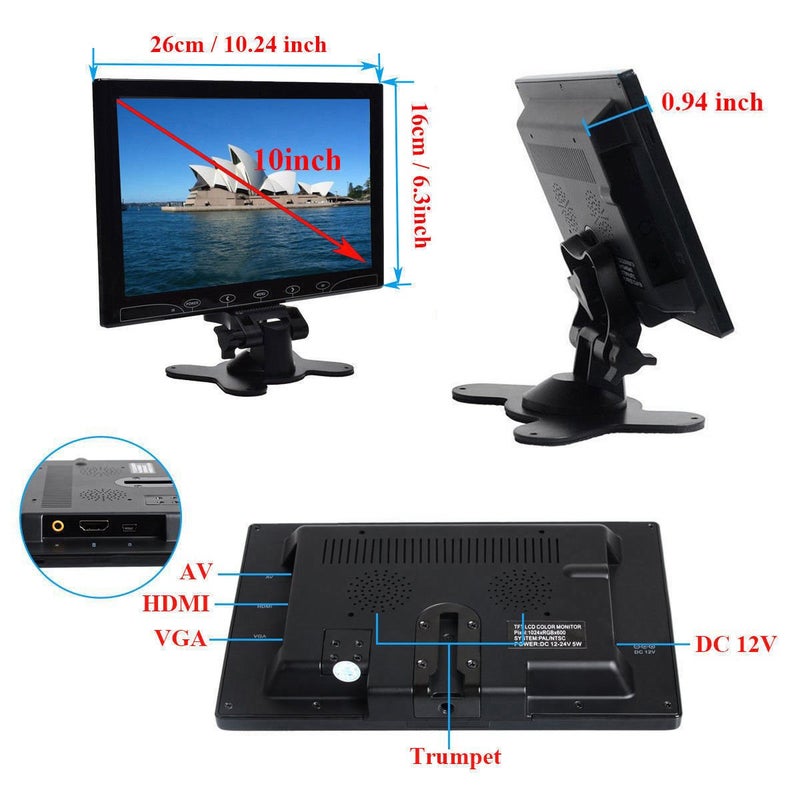 SallyBestÂ® 10.1 Inch Ultra Thin 16:9 HD 1024 * 600 Color TFT LCD Display Headrest Monitor Touch Button Monitor Screen with AV HDMI VGA Video Input - Image 3