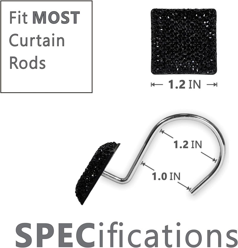 Popkozzi Black Shower Curtain Hooks Rings: Bling Glitter Sparkle Shiny Crystal Diamond Decorative Shower Curtain Rings - Luxury Fancy Glam Square Rhinestones Curtain Hooks & Hangers for Bathroom - Set of 12 - Image 5