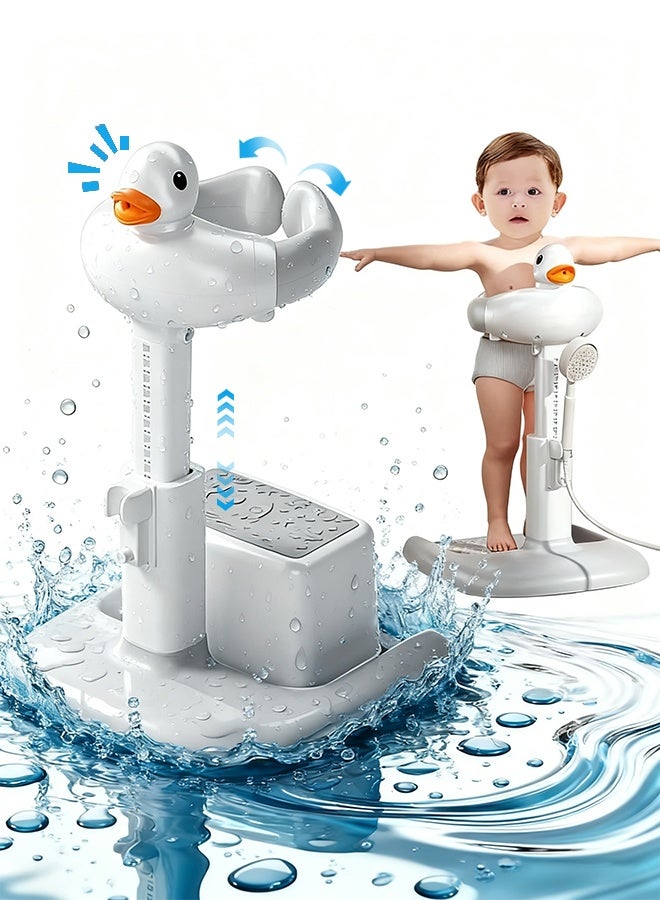 TAKHTEELA Baby Shower Stand, 360° Adjustable Height Anti Slip Base Foldable Baby Bath Shower Stand with Duck Sound, Bath Support for Toddler Infants Bathing Safety Ideal Gift (Gray White) - Image 1