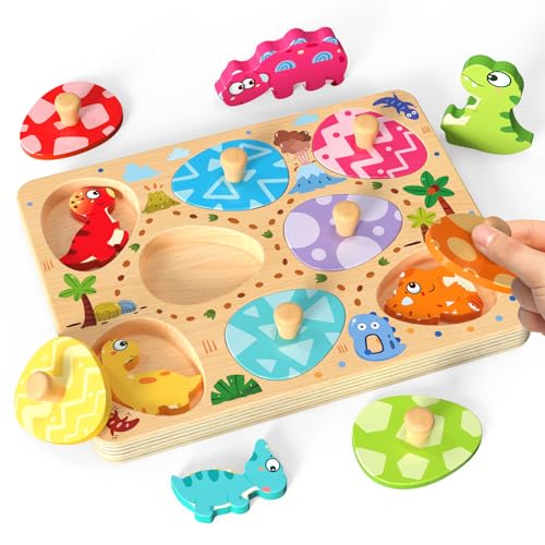 Zeoddler Wooden Puzzles for Toddlers 8 Pcs Dinosaur Matching Egg Puzzle Montessori Toys for Boy Girl Easter Birthday Gifts Preschool Learning Activities Educational Toys for Boys Girls - Image 1