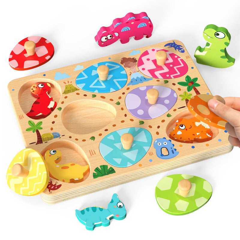 Zeoddler Wooden Puzzles for Toddlers 8 Pcs Dinosaur Matching Egg Puzzle Montessori Toys for Boy Girl Easter Birthday Gifts Preschool Learning Activities Educational Toys for Boys Girls - Image 2