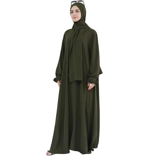Khalat Women's Army Green Maxi Abaya Dress with Hijab Scarf, Lace Sleeve, Flowy, One Size, Solid, Daily, Versatile, All Seasons - Image 4