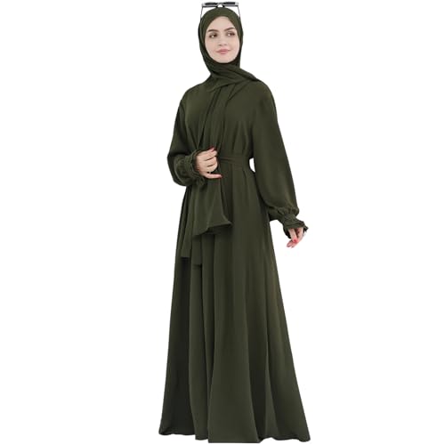 Khalat Women's Army Green Maxi Abaya Dress with Hijab Scarf, Lace Sleeve, Flowy, One Size, Solid, Daily, Versatile, All Seasons - Image 2