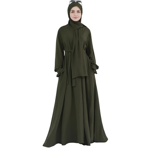 Khalat Women's Army Green Maxi Abaya Dress with Hijab Scarf, Lace Sleeve, Flowy, One Size, Solid, Daily, Versatile, All Seasons - Image 1