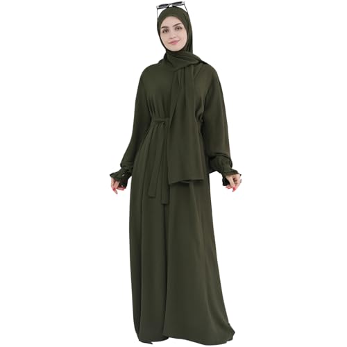Khalat Women's Army Green Maxi Abaya Dress with Hijab Scarf, Lace Sleeve, Flowy, One Size, Solid, Daily, Versatile, All Seasons - Image 5