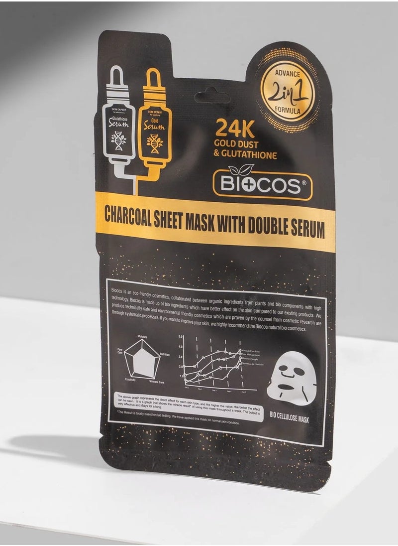 BIOCOS - Charcoal Sheet Mask with Double Serum,24K Gold Mask – Detoxifies, Minimizes Pores & Reduces Fine Lines With Charcoal, Glutathione & Pineapple Extract – Hydrating & Glowing Skin Formula – 29g - Image 1