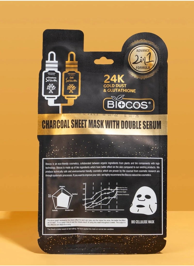 BIOCOS - Charcoal Sheet Mask with Double Serum,24K Gold Mask – Detoxifies, Minimizes Pores & Reduces Fine Lines With Charcoal, Glutathione & Pineapple Extract – Hydrating & Glowing Skin Formula – 29g - Image 1