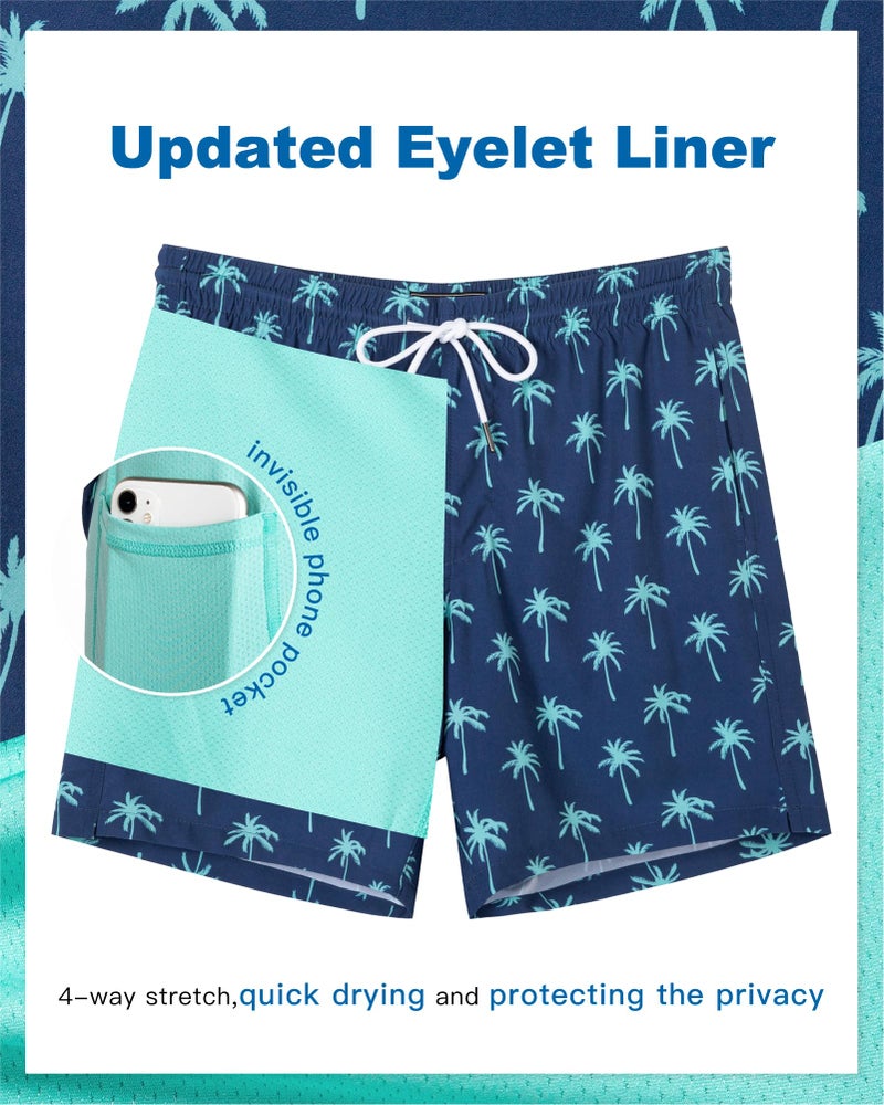 SURF CUZ Mens Swim Trunks with Compression Liner Quick Dry Swim Shorts 7" Swimming Trunks Stretch Bathing Suit Zipper Pockets,Beachside Palms,M - Image 3