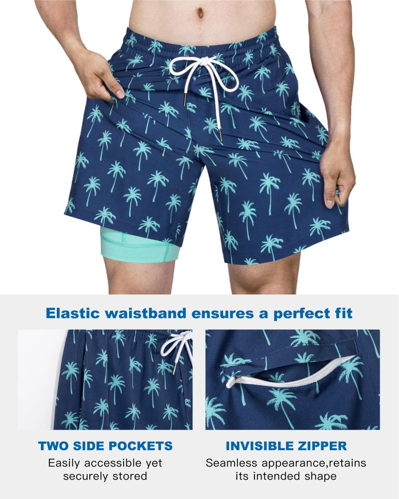 SURF CUZ Mens Swim Trunks with Compression Liner Quick Dry Swim Shorts 7" Swimming Trunks Stretch Bathing Suit Zipper Pockets,Beachside Palms,M - Image 4