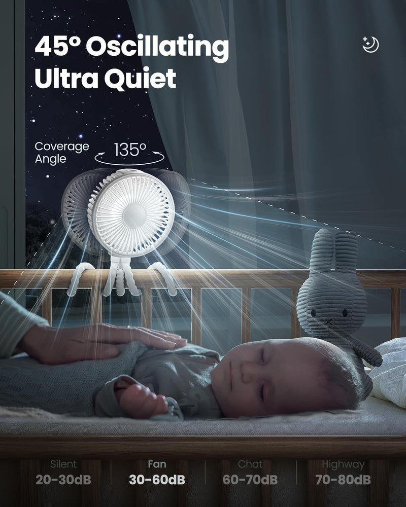 Gaiatop Oscillating Baby Stroller Fan with LED Night Light, 4 Speeds Cooling Rechargeable 360Â° Rotate Clip On, Battery Operated Small Portable Fans for Car Seat Crib Treadmill Travel - Image 2