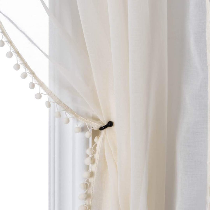 MISS SELECTEX Linen Look Pom Pom Tasseled Sheer Curtains  Rod Pocket Voile SemiSheer Curtains for Living and Bedroom Set of 2 Curtain Panels 52 x 63 inch Ivory