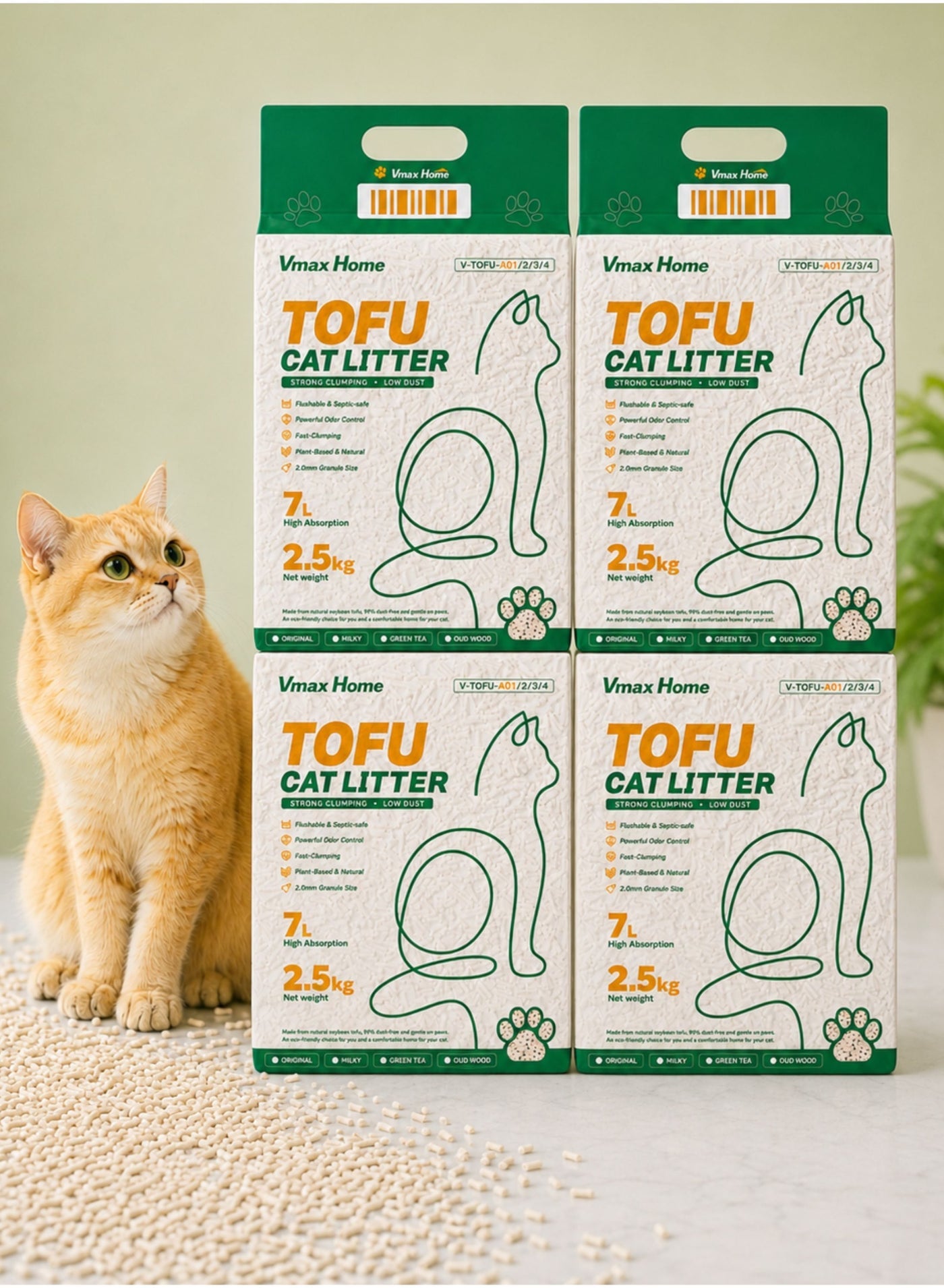 Tofu Cat Litter Oud Scent 7L 2.5kg Each, Flushable Fast Clumping Plant Based Pellets, Low Dust Low Tracking Odor Control, 2mm Fine Pellets for Cats & Kittens, 4 Pack