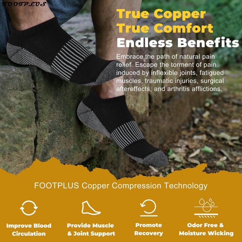 FOOTPLUS Copper Compression Tennis Socks,Men Women Boys Girls Low Cut Cushioned Running Golf Moisture Wicking Marathon Jogging No Stinky Feet Travel Work Socks for,3 Pairs Black, Medium - Image 2