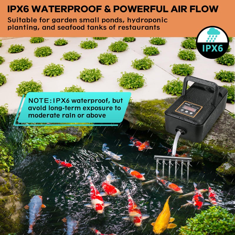 hygger IPX6 Rechargeable Aquarium Pond Air Pump, Powerful Quiet Tank Air Pump with Hose Air Stone Check Valve Adjustable Flow Diverter Valve for Fishing Yacht/Power Outages/Hydroponic (300GPH) - Image 2