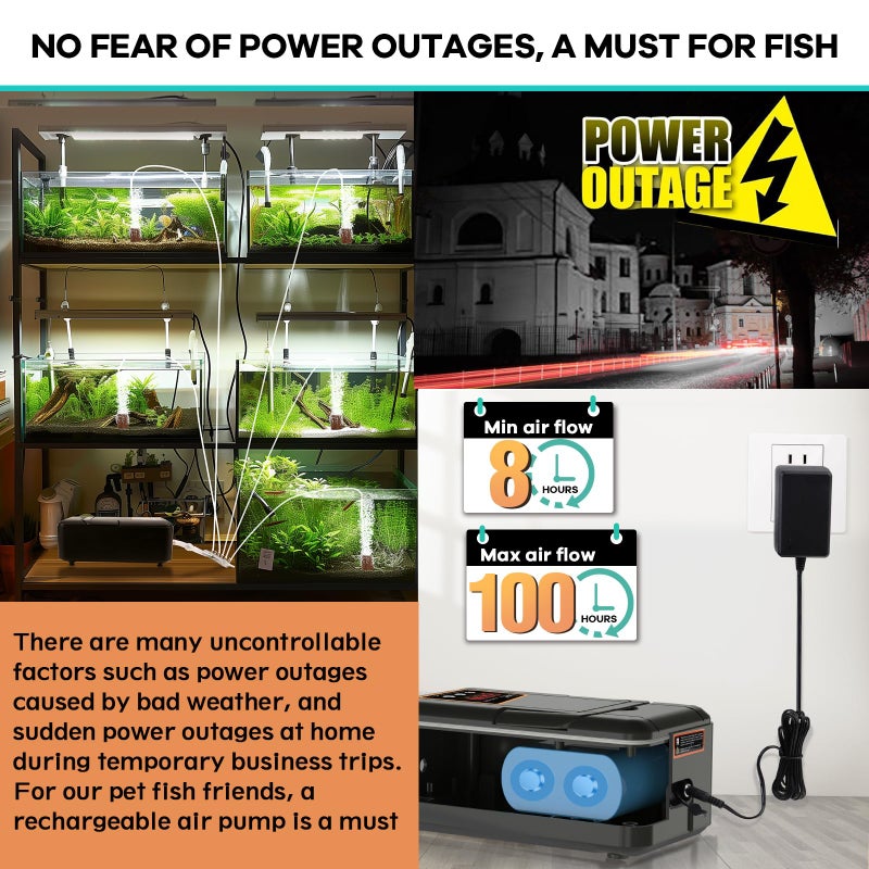 hygger IPX6 Rechargeable Aquarium Pond Air Pump, Powerful Quiet Tank Air Pump with Hose Air Stone Check Valve Adjustable Flow Diverter Valve for Fishing Yacht/Power Outages/Hydroponic (300GPH) - Image 3