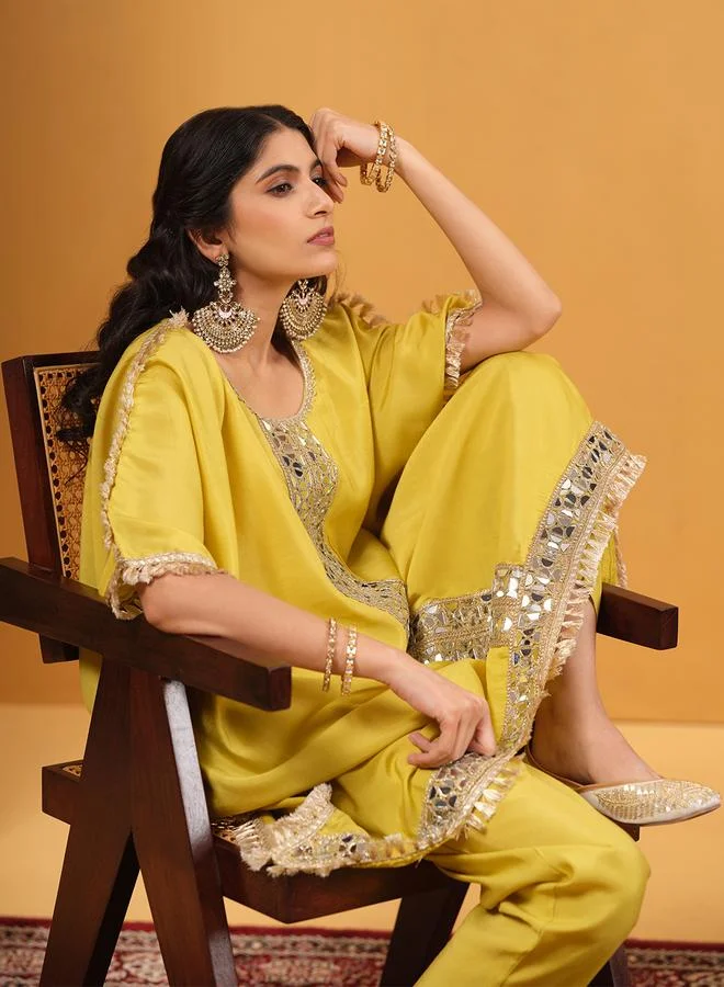 ISHIN Women's Yellow Viscose Silk Embellished A-Line Kaftan Upperwear Calf Length Palazzo Bottomwear Flowy 2 Peice Kurta Set