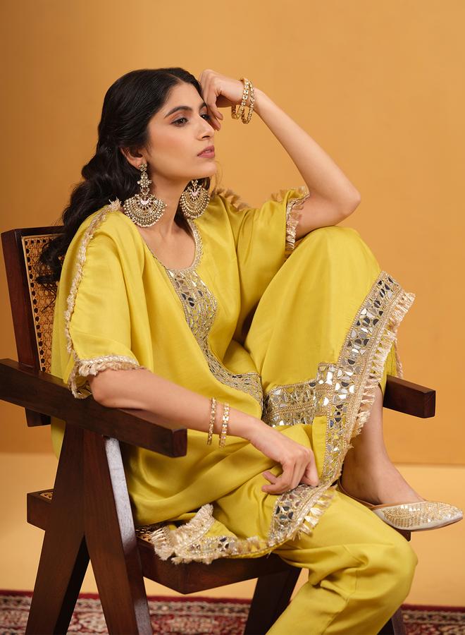 ISHIN Women's Yellow Viscose Silk Embellished A-Line Kaftan Upperwear Calf Length Palazzo Bottomwear Flowy 2 Peice Kurta Set - Image 3